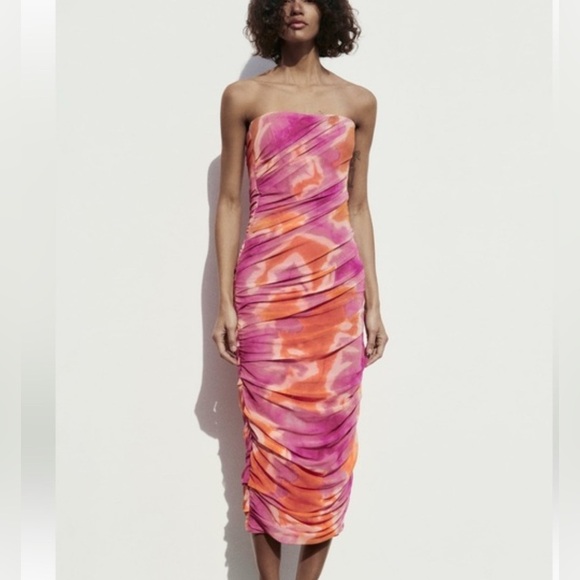 Zara Strapless Dress in Vibrant Pink and Orange size M - Picture 1 of 11